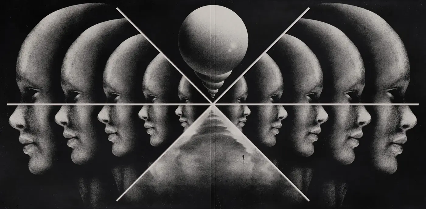 The gatefold opened: a row of faces split by a white cross, a sphere hanging above them