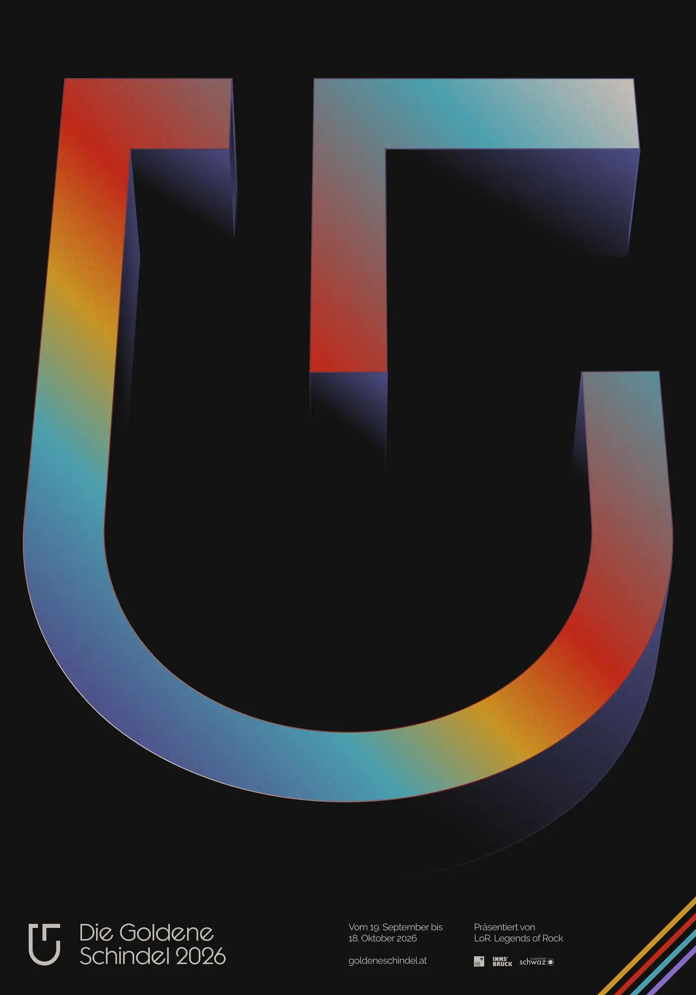 Die Goldene Schindel 2026 poster: the shingle symbol rebuilt in stacked rainbow stripes
